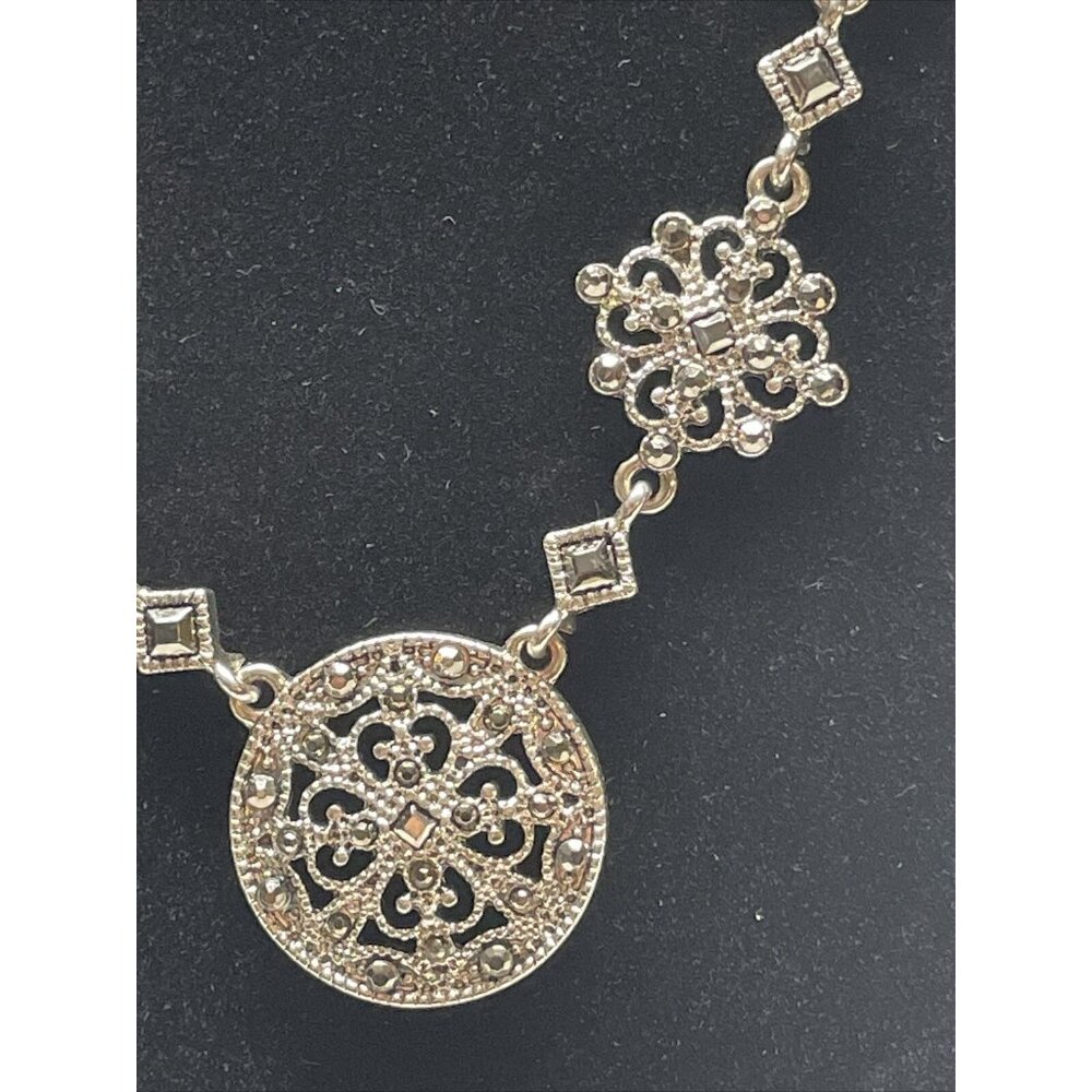 Crown Trifari Filigree 19” Silver Tone Necklace Marcasite Style Adjustable‎ VTG - Picture 10 of 10